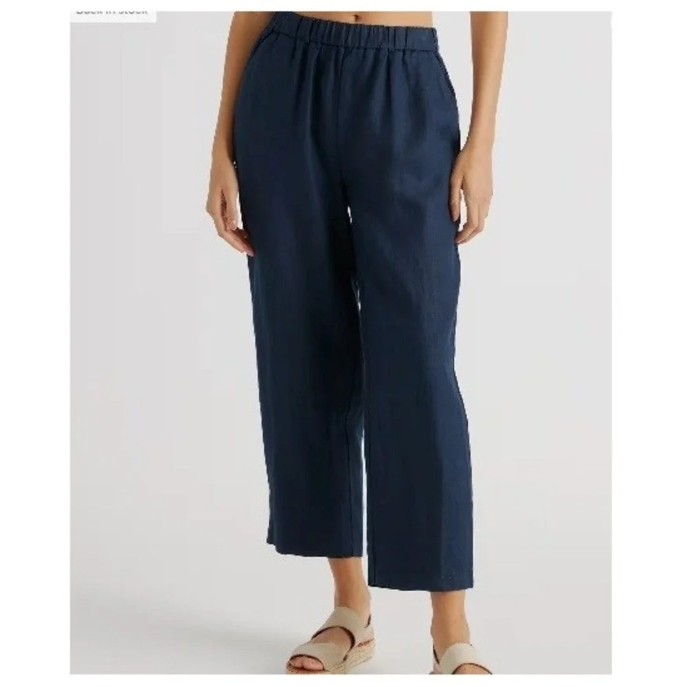 Quince Women's Blue 100% European Linen Wide Leg High Rise Pants XL Minimalist